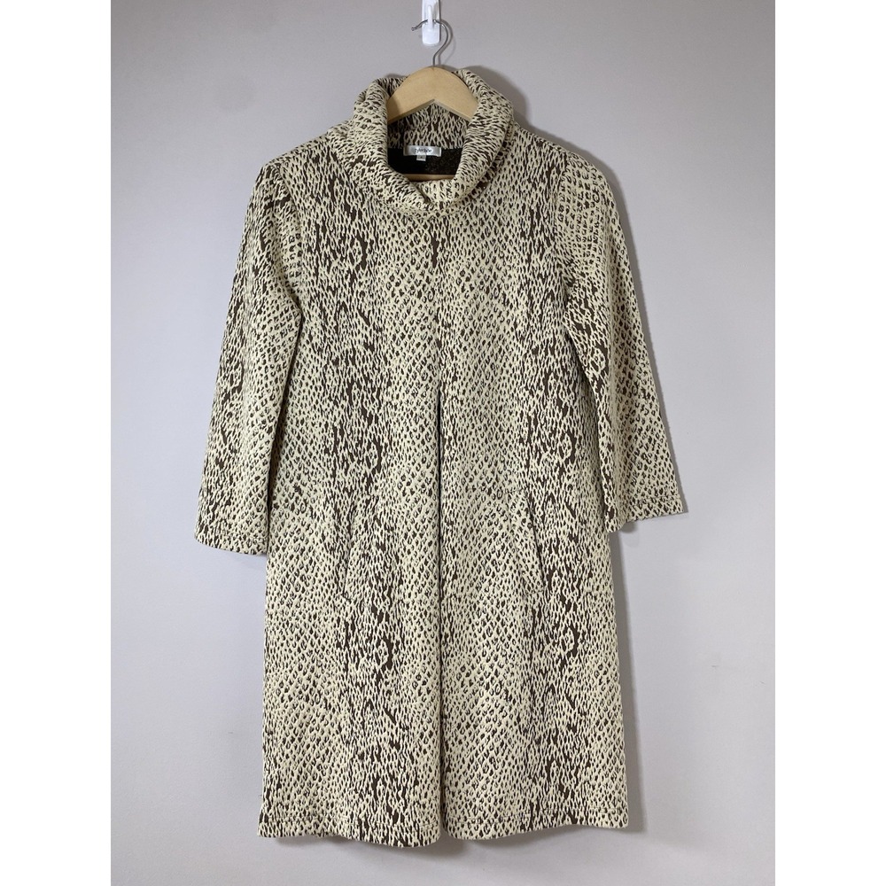 Tyler Boe Cowl Neck Knit Dress Womens SMALL Beige Brown Animal Print Pleat Shift